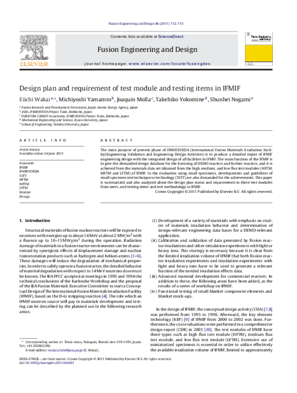 (PDF) Design plan and requirement of test module and testing items in IFMIF