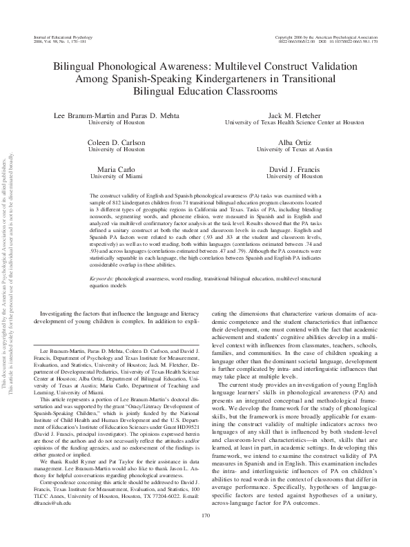 Bilingual phonological awareness: Multilevel construct validation among ...