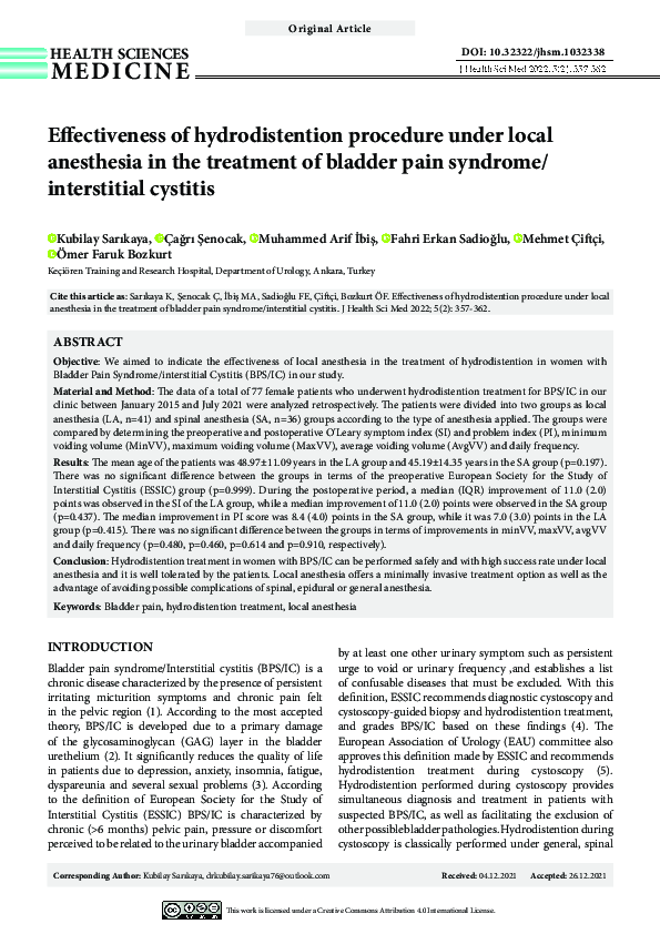 (PDF) Effectiveness of hydrodistention procedure under local anesthesia
