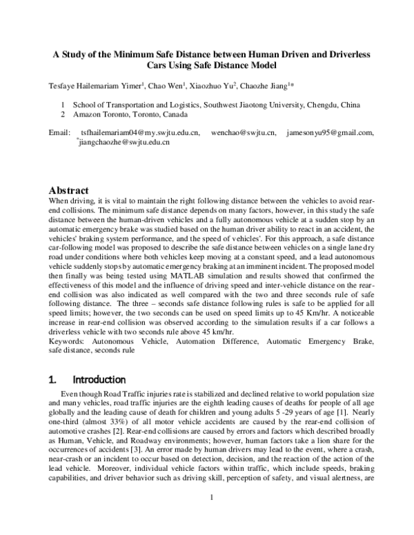 (PDF) A Study of the Minimum Safe Distance between Human Driven and ...