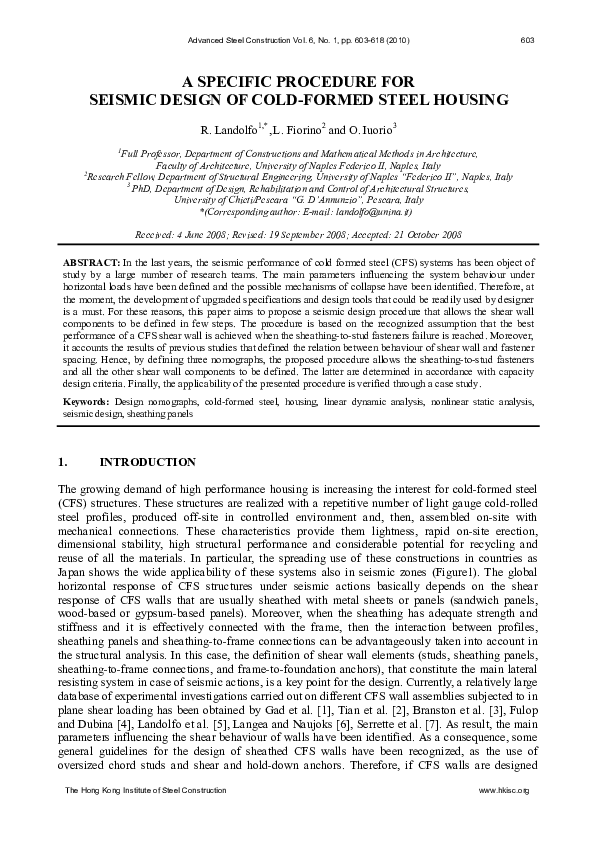 (PDF) A Specific Procedure for Seismic Design of Cold-Formed Steel Housing