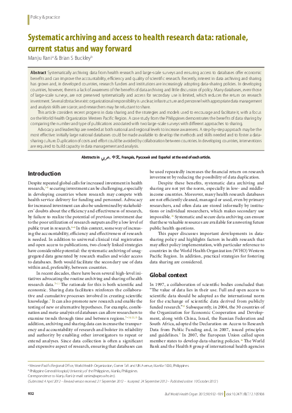 (PDF) Systematic archiving and access to health research data ...
