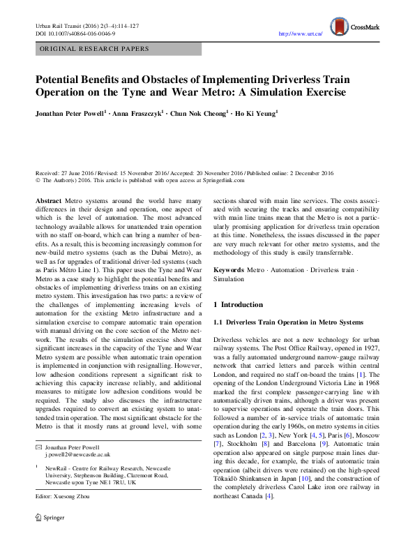 (PDF) Potential Benefits and Obstacles of Implementing Driverless Train ...