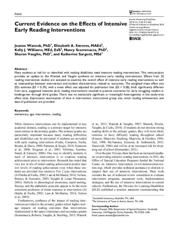 (PDF) Current Evidence on the Effects of Intensive Early Reading ...