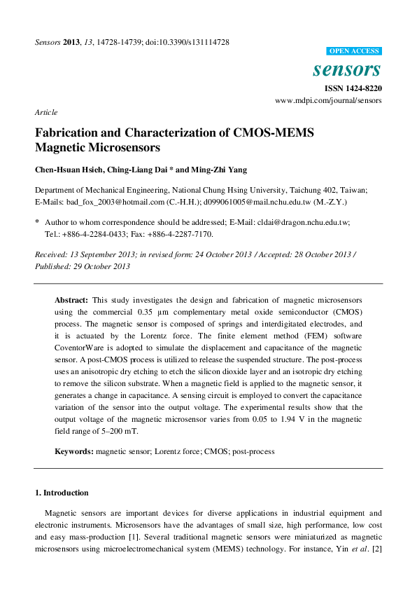 (PDF) Fabrication and Characterization of CMOS-MEMS Magnetic Microsensors
