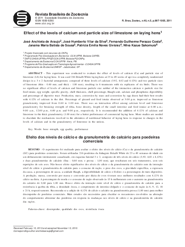 (PDF) Effect of the levels of calcium and particle size of limestone on ...