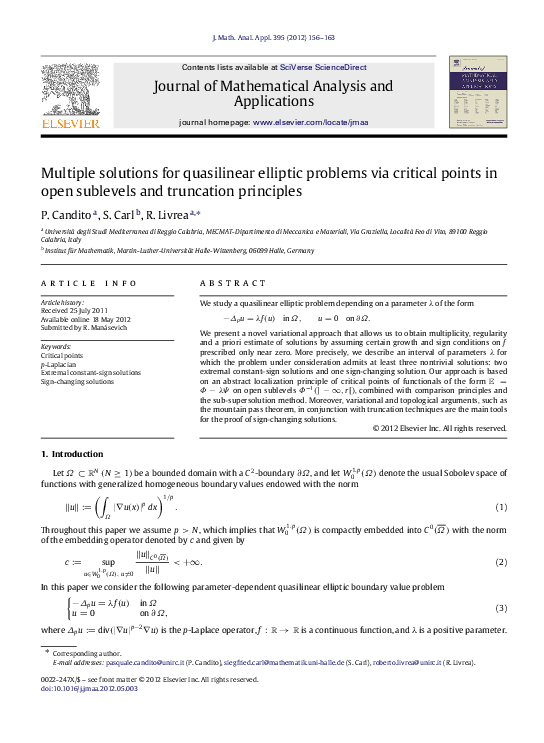(PDF) Multiple solutions for quasilinear elliptic problems via critical ...
