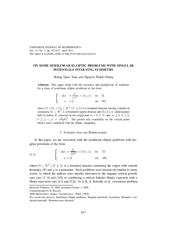 (PDF) On Some Semilinear Elliptic Problems with Singular Potentials ...