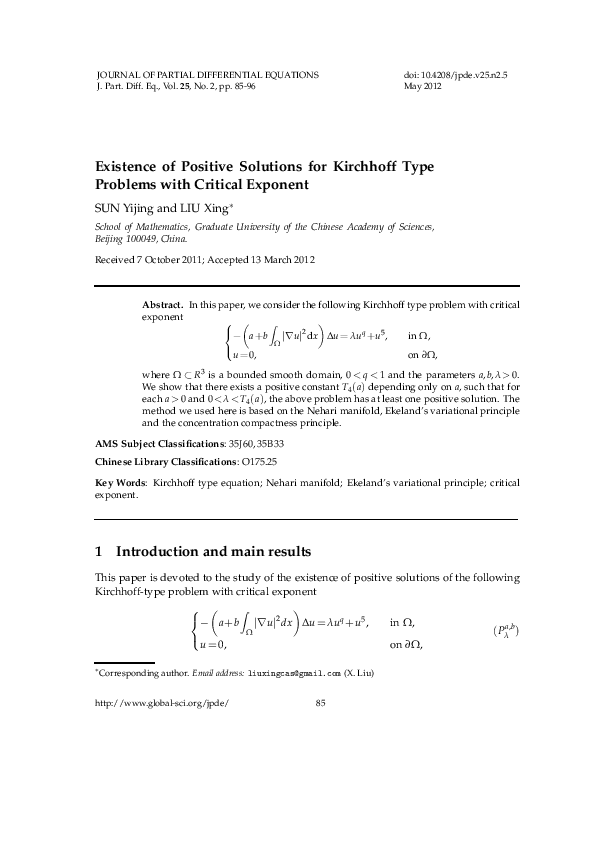 (PDF) Existence of Positive Solutions for Kirchhoff Type Problems with ...