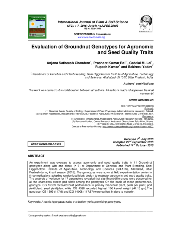 (PDF) Evaluation of Groundnut Genotypes for Agronomic and Seed Quality ...