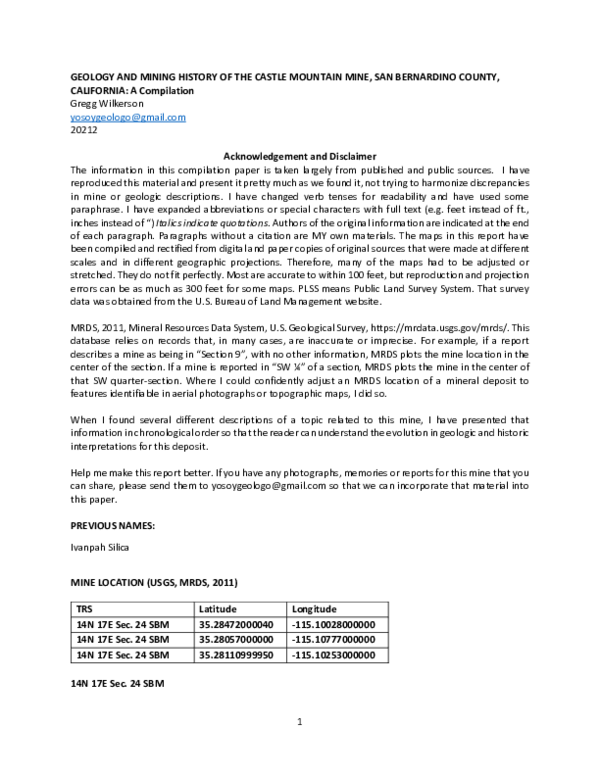 (PDF) GEOLOGY AND MINING HISTORY OF THE CASTLE MOUNTAIN MINE, SAN