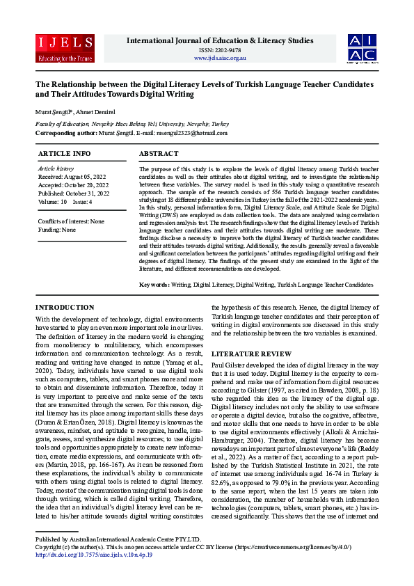 (PDF) The Relationship between the Digital Literacy Levels of Turkish ...