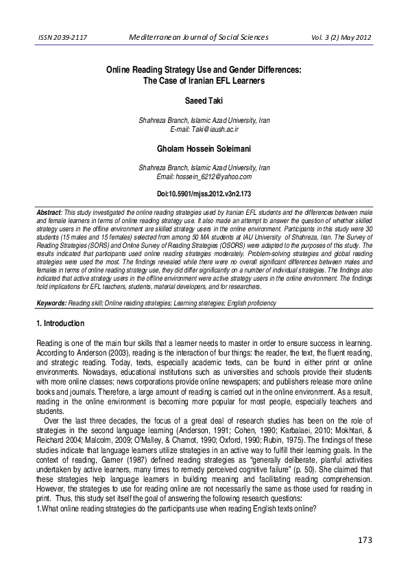 (PDF) Online Reading Strategy Use and Gender Differences: The Case of ...