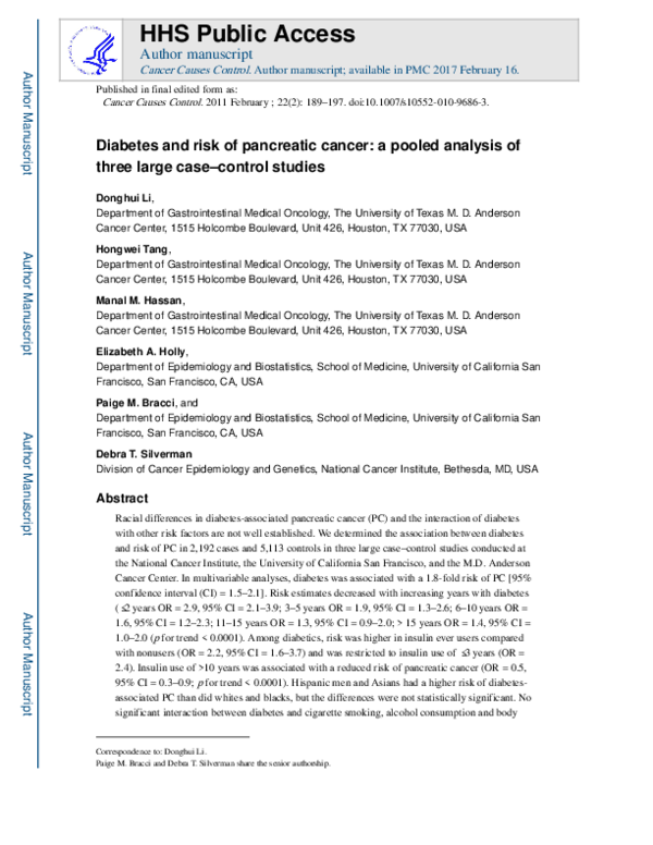 (PDF) Diabetes and risk of pancreatic cancer: a pooled analysis of ...
