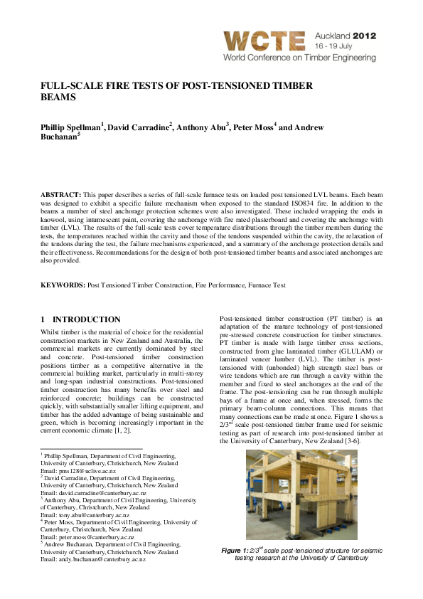 (PDF) Full-scale fire tests of post-tensioned timber beams