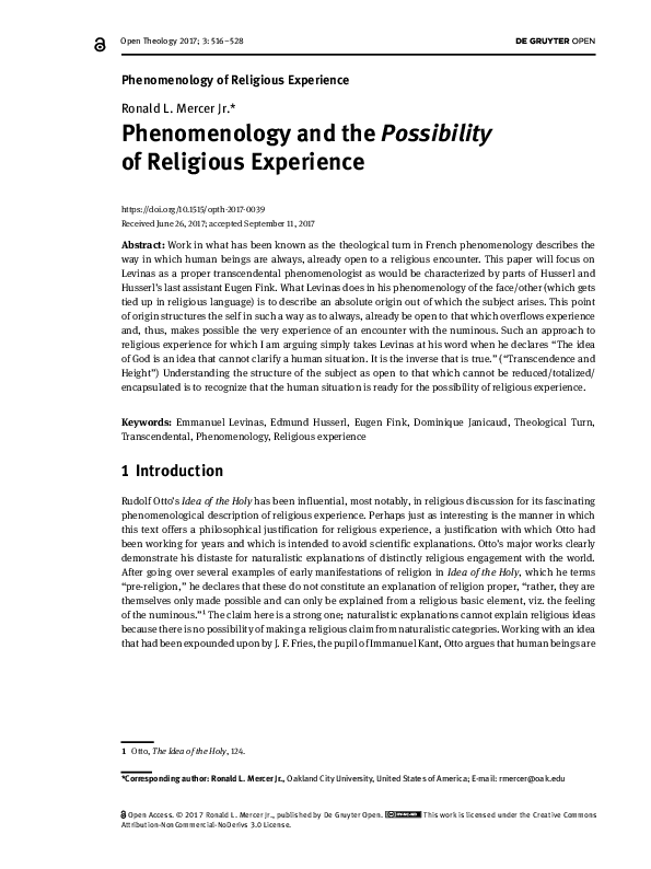 (PDF) Phenomenology and the Possibility of Religious Experience