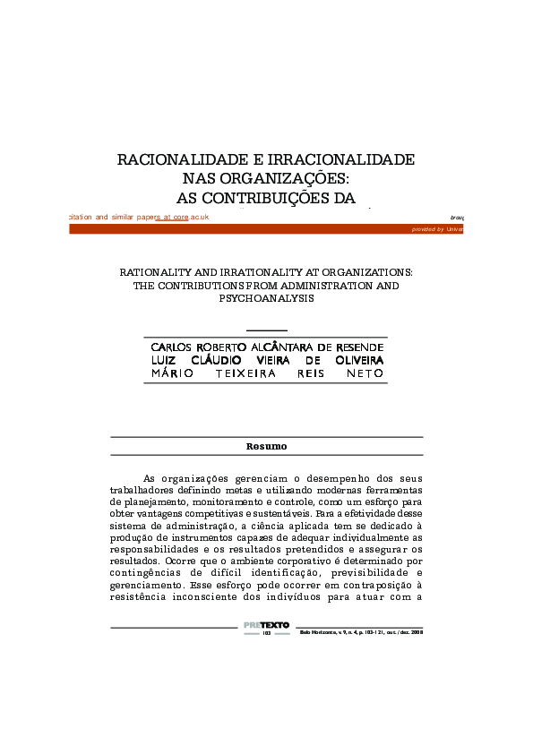 (PDF) Racionalidade e Irracionalidade Nas Organizações: As ...