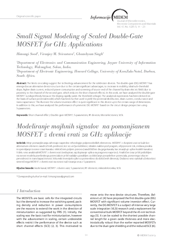 (PDF) Small Signal Modeling of Scaled Double-Gate MOSFET for GHz ...