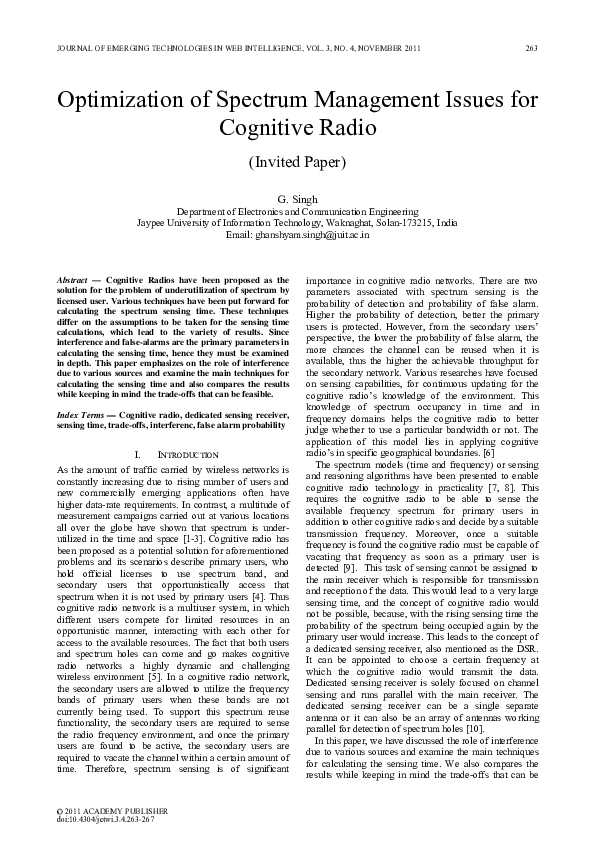 (PDF) Optimization of spectrum management issues for Cognitive Radio