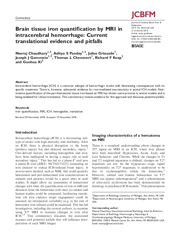 (PDF) Brain tissue iron quantification by MRI in intracerebral ...