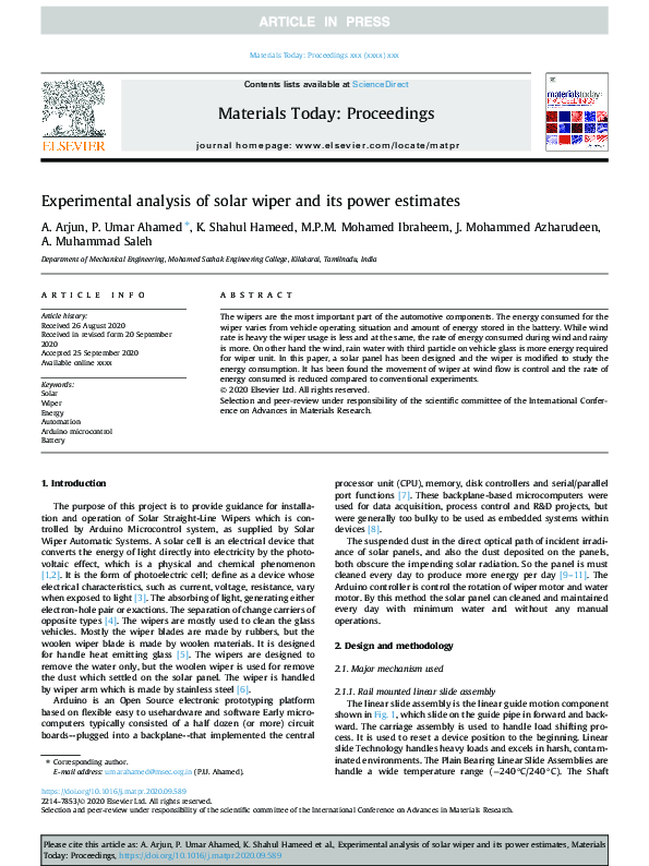 (PDF) Experimental analysis of solar wiper and its power estimates