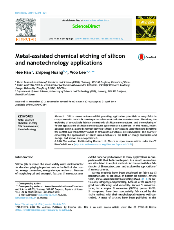 (PDF) Metalassisted chemical etching of silicon and nanotechnology