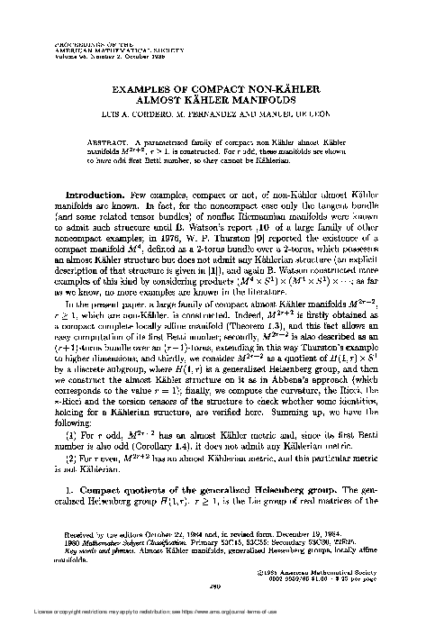 (PDF) Examples of compact non-Kähler almost Kähler manifolds