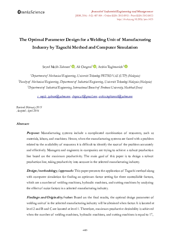 (PDF) The optimal parameter design for a welding unit of manufacturing ...