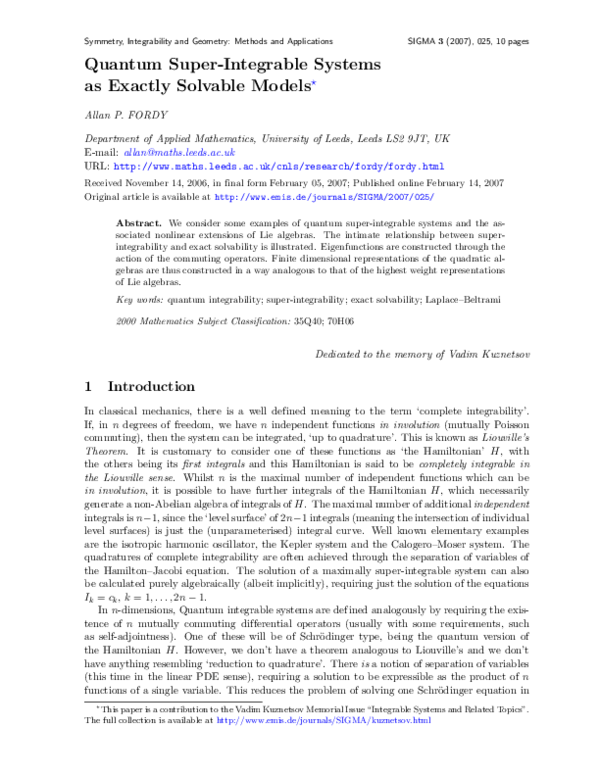 (PDF) Quantum Super-Integrable Systems as Exactly Solvable Models