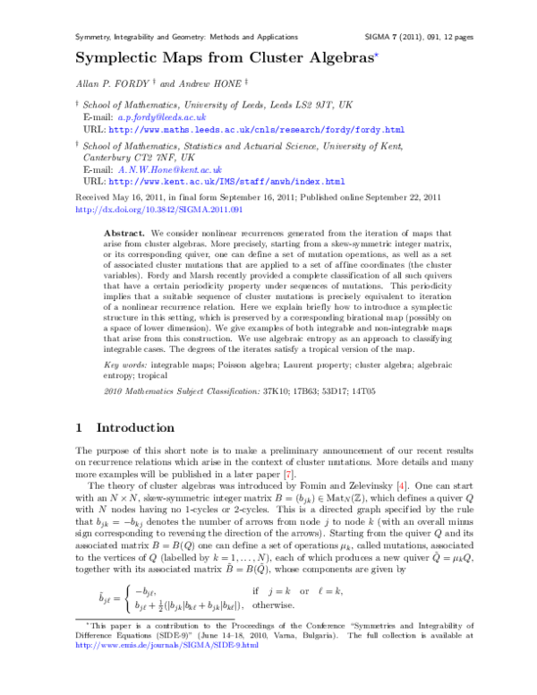 (PDF) Symplectic Maps from Cluster Algebras | allan fordy - Academia.edu