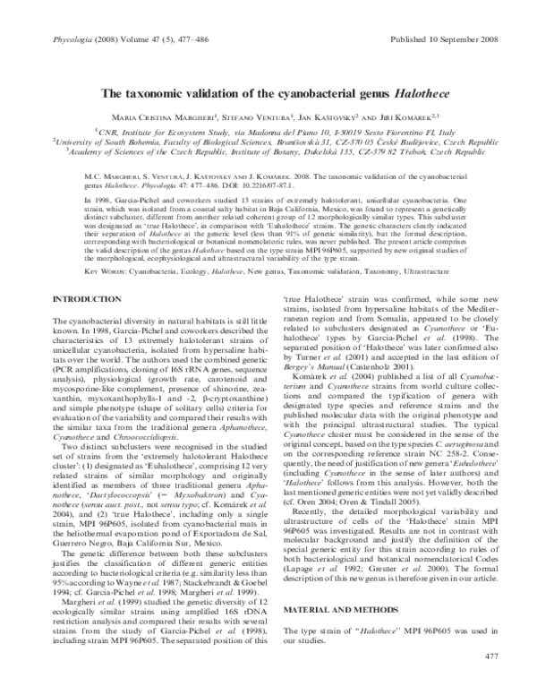 (PDF) The taxonomic validation of the cyanobacterial genus Halothece