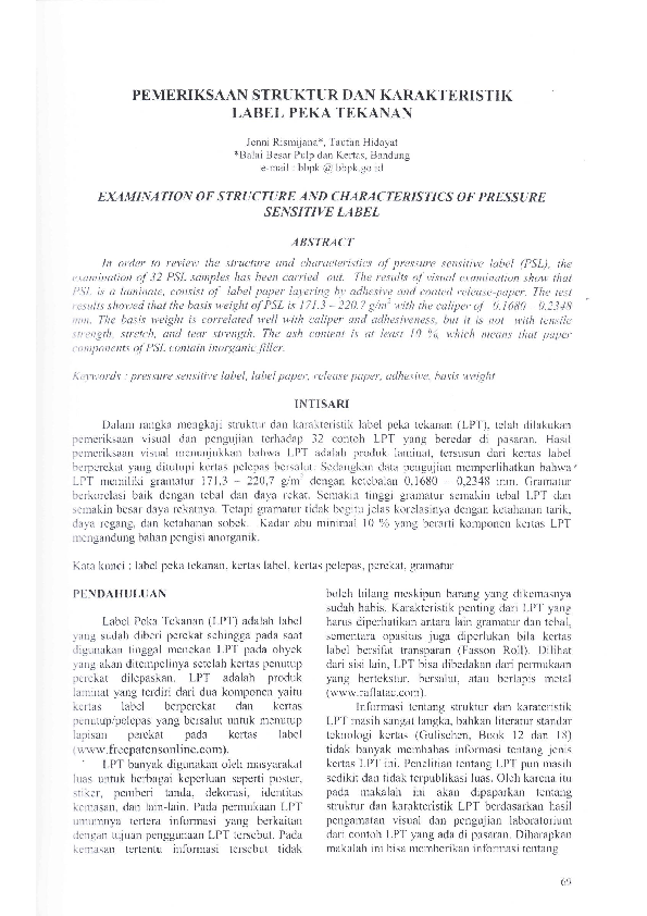 (PDF) Pemeriksaan Struktur Dan Karakteristik Label Peka Tekanan ...