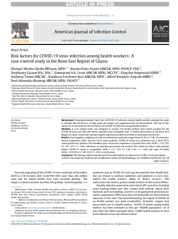 (PDF) Risk factors for COVID-19 virus infection among health workers: A ...