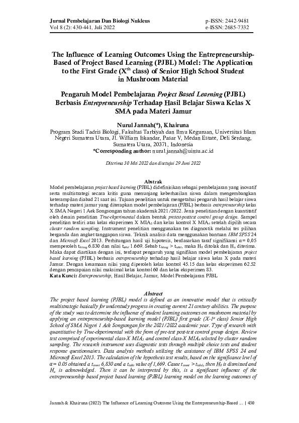 (PDF) The Influence of Learning Outcomes Using the Entrepreneurship ...