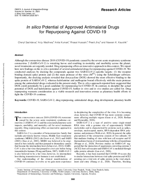 (PDF) In silico Potential of Approved Antimalarial Drugs for ...