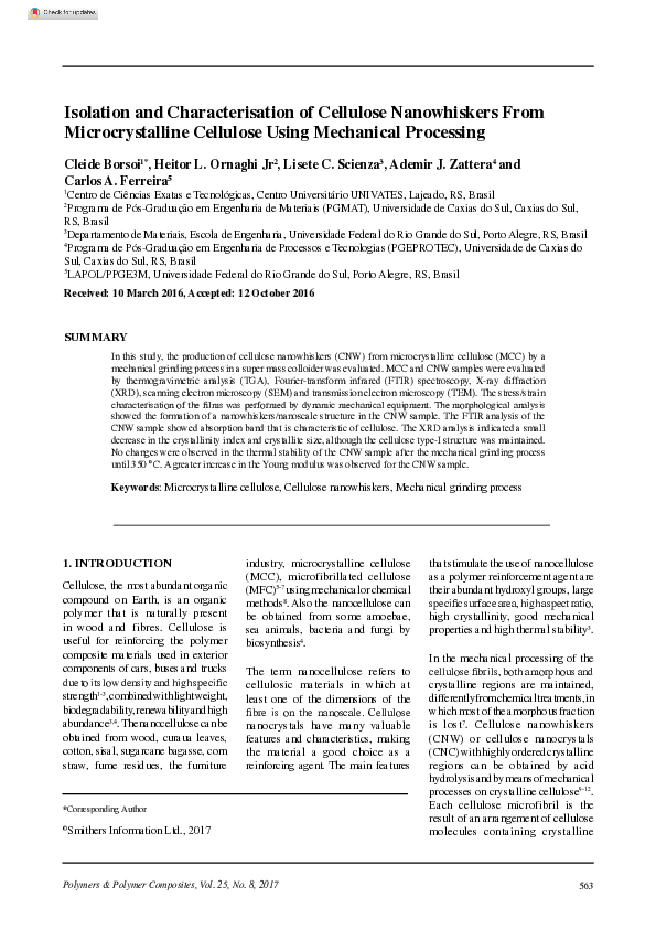 (PDF) Isolation and characterisation of cellulose nanocrystals from ...