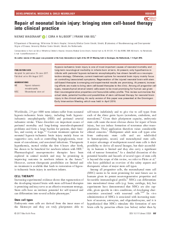 (PDF) Repair of neonatal brain injury: bringing stem cell‐based therapy ...