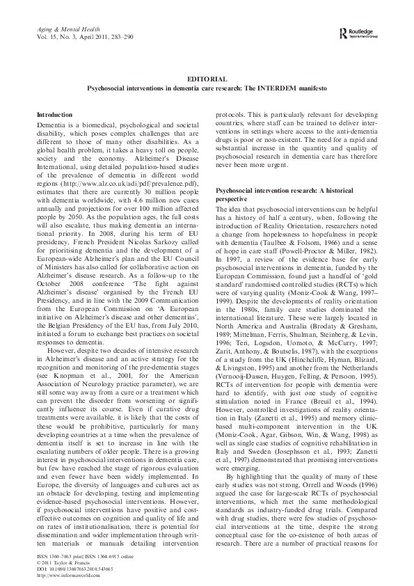 (PDF) Psychosocial interventions in dementia care research: The ...