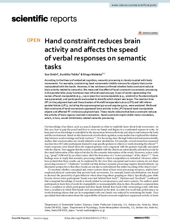 (PDF) Hand constraint reduces brain activity and affects the speed of ...