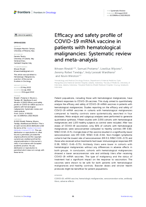 (PDF) Efficacy and safety profile of COVID-19 mRNA vaccine in patients ...