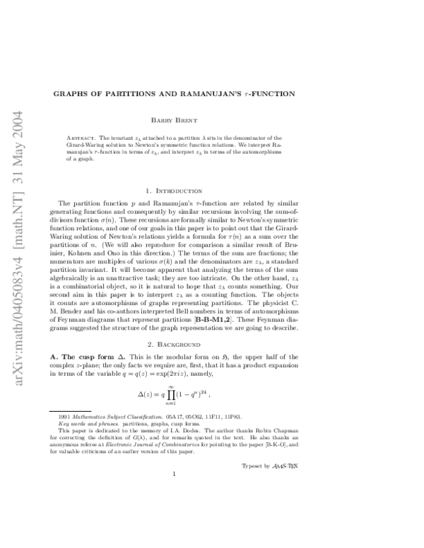 (PDF) Graphs of partitions and Ramanujan's taufunction Barry Brent