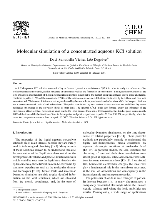 (PDF) Molecular simulation of a concentrated aqueous KCl solution