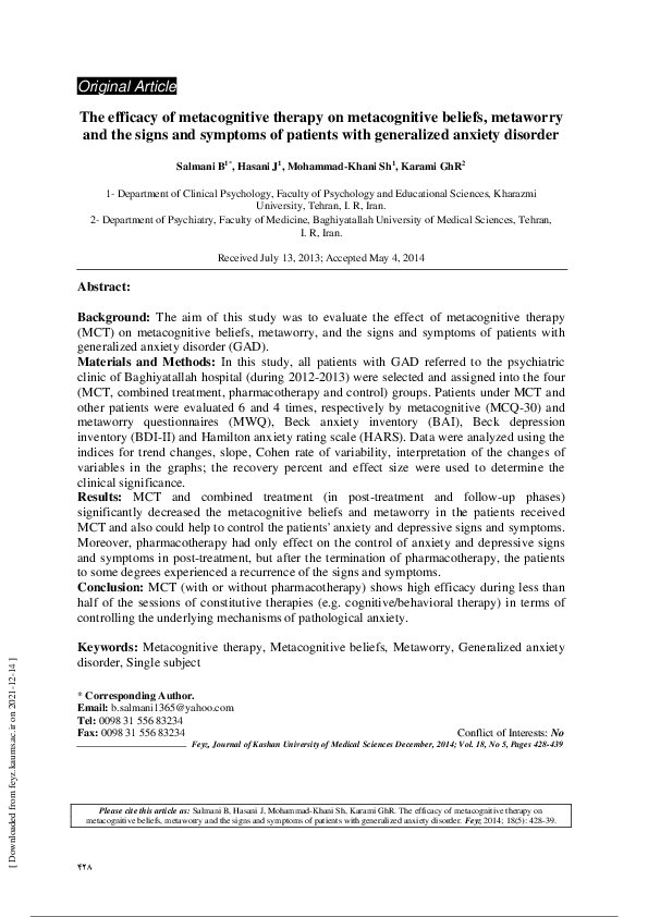 (PDF) The Efficacy of Metacognitive Therapy on Metacognitive Beliefs ...