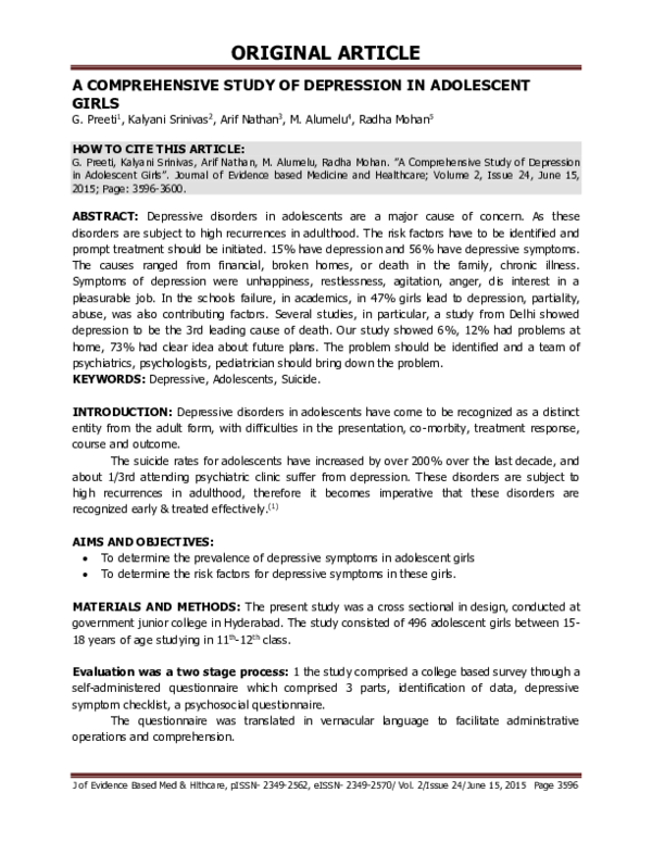 (PDF) A Comprehensive Study of Depression in Adolescent Girls