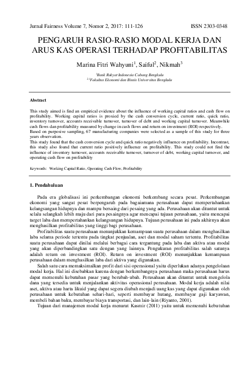 (PDF) Pengaruh Rasio-Rasio Modal Kerja Dan Arus Kas Operasi Terhadap ...