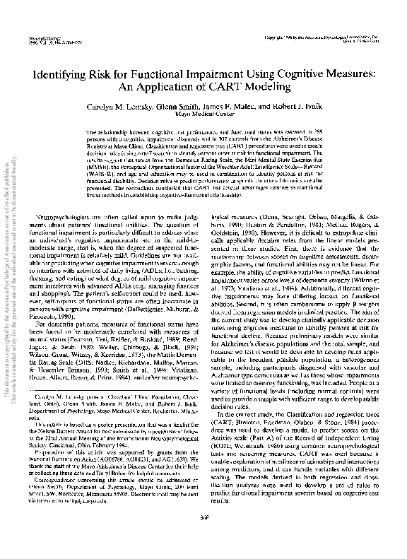 (PDF) Identifying risk for functional impairment using cognitive ...