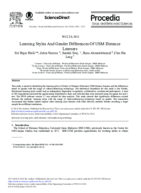 (PDF) Learning Styles and Gender Differences of USM Distance Learners