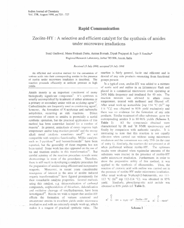 (PDF) Zeolite-Hy : A Selective and Efficient Catalyst for the Synthesis ...