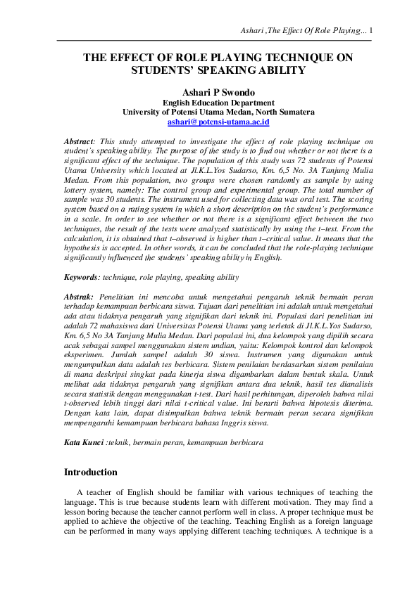 (PDF) The Effect of Role Playing Technique on Students Speaking Ability