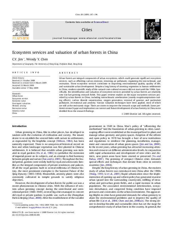 (PDF) Ecosystem services and valuation of urban forests in China